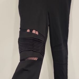 Trendy Black Moto Style Leggings with Ripped and Ribbed Accents, Size XL